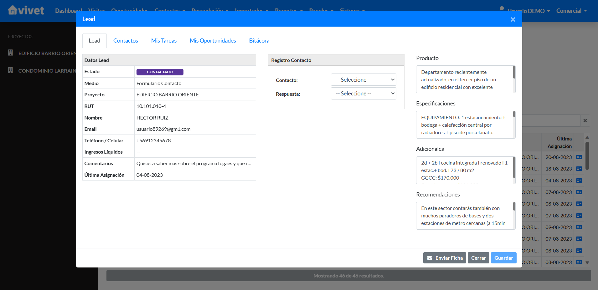 Vivet Comercial Formulario de Contactos